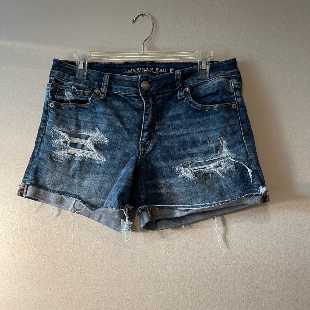 American Eagle Outfitters Women's Ripped Jean Shorts - Dark Blue
